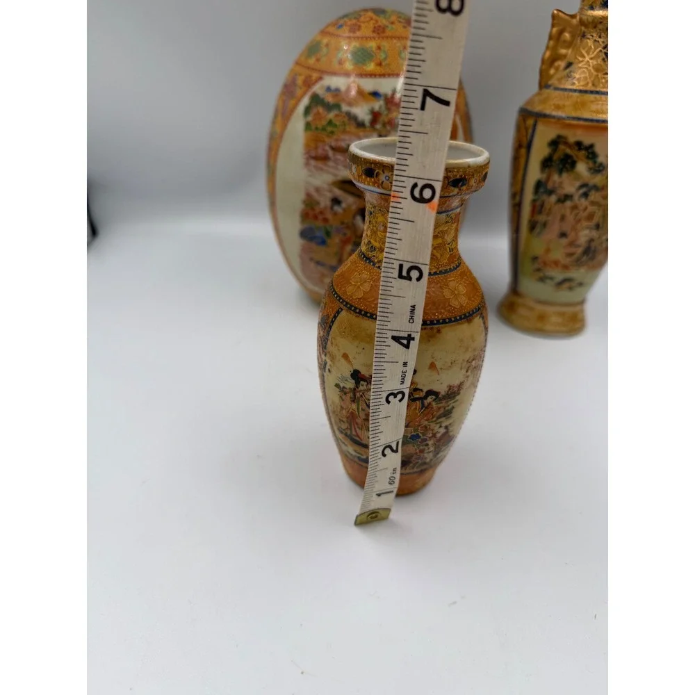 Vintage Satsuma Style Porcelain Set Geisha Vases Decorative Egg Ashtray 4pc